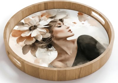 Dienblad rond 40x40 cm - Schootdienblad hout - Bloesem - Portret - Gezicht - Borrelplank rechthoek - Plateau houten dienbladen