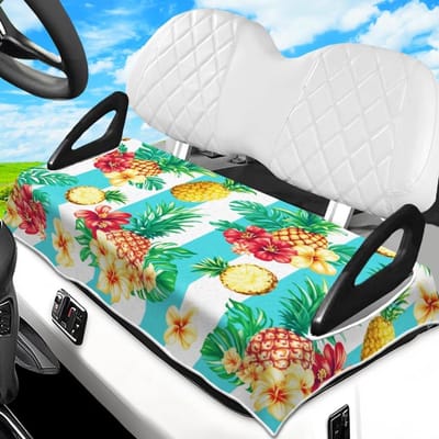 Golfkar Stoelhoezen en Handdoek met Ananas en Hibiscus - 100% Microvezel, Universele Pasvorm voor Golfstoelen, Ideaal als Golfaccessoire en Deken voor Clubauto's en EZGO