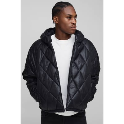 Oversized Boxy High Sheen Diamond-gequilde capuchon funnel puffer jas | Black | Size Medium