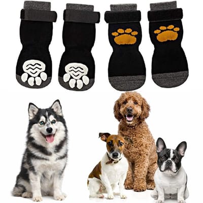 Aventrix Hondensokken Antislip – Maat M – Honden Sokken tegen Uitglijden en Likkende Poten – Klittenband – Pootbescherming Binnen & Buiten – Set van 4 - zwart/grijs/geel