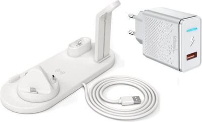 DrPhone UltimatePro 5 in 1 Oplaadstation - Draadloos laden – Multi Dock Voor Alle Smartphones - Watch Houder - Geschikt Voor IOS iPhone /USB-C/Micro USB/Lightning – Wit