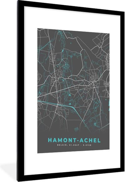 Fotolijst incl. Poster - Stadskaart – Grijs - Kaart – Hamont Achel – België – Plattegrond - 60x90 cm - Posterlijst