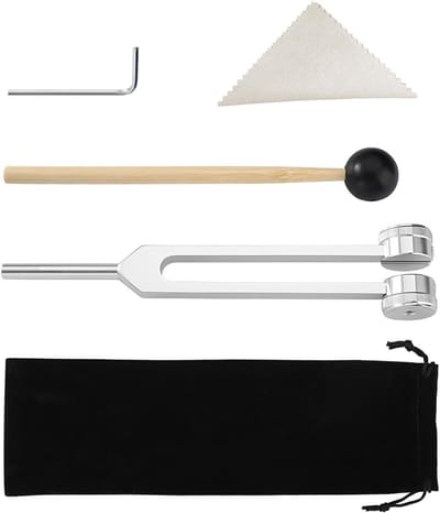 Stemvork 128 Hz 21,5 cm met houten lepel en reinigingsdoek voor klanktherapie en meditatie, verstelbare aluminiumlegering, ideaal voor ontspanning en healing
