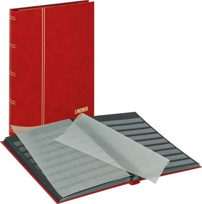 Lindner 1168W Lotus Postzegelalbum - Rood - groot formaat 32 blz. zwarte bladen - XL - Luxe - Postzegels - insteekalbum - insteek - stockboek
