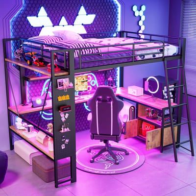 MODFU Hoogslaper 140x200 cm van metaal en MDF, met bureau, LED-strip en opbergrekken, zwart