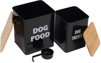 Set van Opbergblikken voor Honden- en Kattenvoer met Schep - Poedercoated Staal met Houten Deksel - Voedselopslag voor Dieren - Strak en Stijlvol Ontwerp