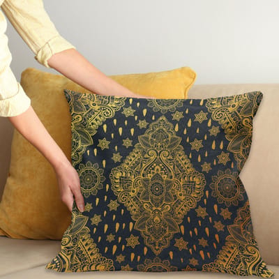 ABAKUHAUS Mandala-kussenhoes – Boho Paisley Folklore – 40×40 cm – Antraciet/Mosterd – Dubbelzijdig bedrukt