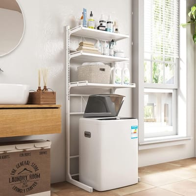 Over-The-Toilet Wasmachine Organizer Verstelbaar Opbergrek voor Wasruimte Badkamer Ruimtebesparend met in Hoogte Verstelbare Lade en Tafel