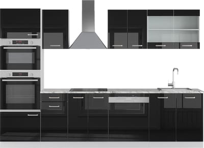 Vicco R-Line Complete keukeneenheid – 300 cm met hoge kast, met marmeren werkblad Zwart hoogglans