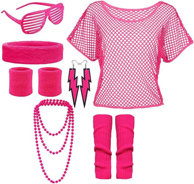 Vrouwelijk 80s en 90s kostuum voor feesten en carnaval met neon net, shirt, haarband, armbanden en brillen