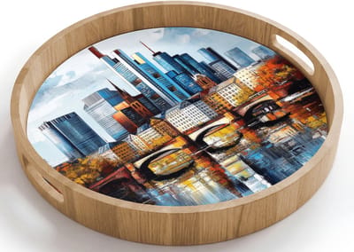 Dienblad rond 40x40 cm - Schootdienblad hout - Bomen Frankfurt- Stad - Skyline - Brug - Borrelplank rechthoek - Plateau houten dienbladen