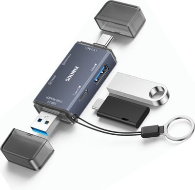 Sounix SD Kaartlezer - USB 3.0 Card Reader - 6in 1 OTG Kaartlezer - Extra USB A en USB C poorten - High Speed Cardreader voor SD/Micro SD - Grijs