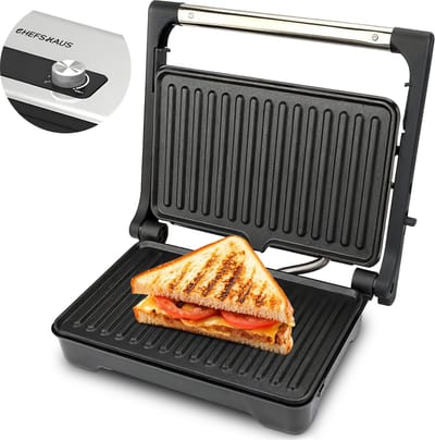 CHEFSHAUS Grillmate - 1500 W - Grill Apparaat - Tosti Apparaat - Contactgrill - Tosti IJzer met grillplaat - Anti-Aanbaklaag - PFAS vrij - 180° Uitklapbaar - Meerdere Standen - Cool Touch - Panini Grill / Croque Monsieur Toestel