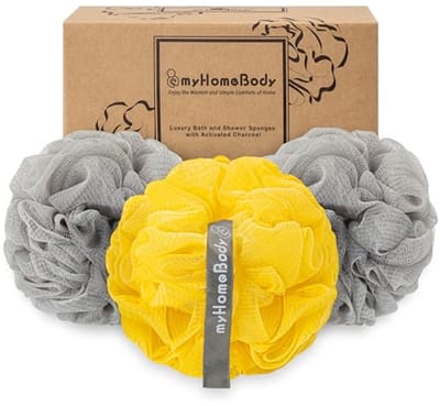 Grote loofah spons voor bad en douche - Exfoliërende, actieve houtskool body scrubber - 3 stuks in Ultimate Gray en verlicht geel
