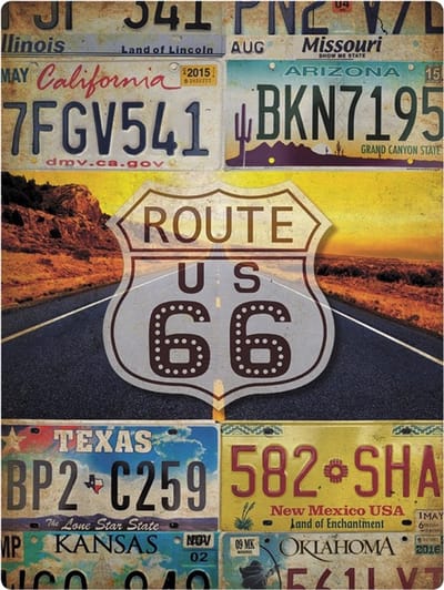 Signs USA - retro wandbord - dibond - Route 66 License Plates - 33 x 44 cm