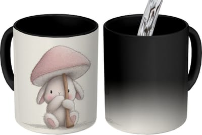 Magische Mok - Foto op Warmte Mokken - Koffiemok - Paddenstoel - Konijn - Roze - Magic Mok - Beker - 350 ML - Theemok
