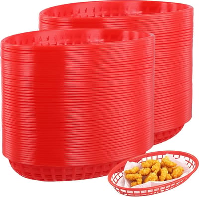 100 Stuks Plastic Oval Fruitmanden 23 x 14,5 x 4 cm - Herbruikbare Mandjes voor Friet, Feest en Picknick, Rood