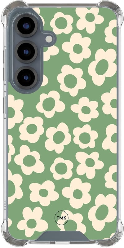 Shockproof hoesje geschikt voor Samsung Galaxy S25 - Retro cute flowers - Schokbestendig - Verhoogde randen - TPU case - Extra Sterke Back Cover - Bloemen - Transparant, Groen