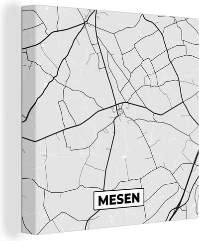 Canvas Schilderij België – Mesen – Stadskaart – Kaart – Zwart Wit – Plattegrond - 20x20 cm - Wanddecoratie