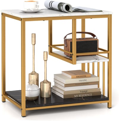 COSTWAY Bijzettafel in marmerlook, 3-traps nachtkastje met metalen frame, salontafel, modern, woonkamertafel, banktafel, rechthoekig, voor woonkamer, slaapkamer