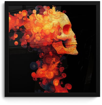 Poster in lijst - Fotolijst 40x40 cm - Posters - Schedel - Oranje - Zijaanzicht - Vlammen - Posterlijst zwart - Decoratie - Wanddecoratie woonkamer - Muurdecoratie slaapkamer