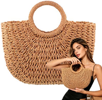 Handtassen dames - Strandtas riet - Rieten strandtas - 24*17*6cm - Gevlochten tas - Boho stijltas - Met trekkoordsluiting - Met trekkoordsluiting - Voor strand en strandvakantie - Milieuvriendelijk - Bruin