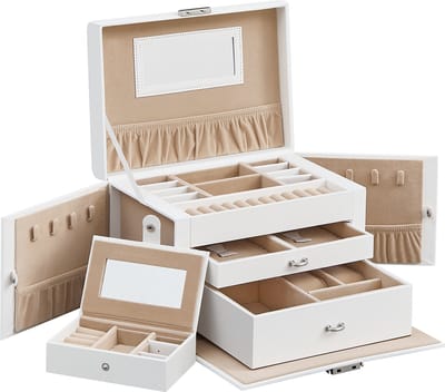 Sieradenkist Dubbele Lade Organizer Draagbare Reismake-updoos 26×17×18 cm Wit Met Spiegel en Vergrendelbaar Ontwerp Grote Capaciteit met Meerdere Vakken Fluwelen Binnenvoering Geschikt voor Ringen/Armbanden/Oorbellen/Kettingen