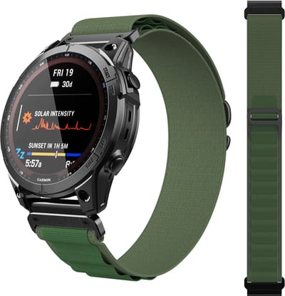 Stravo Alpine Loop Nylon Sport bandje 22mm QuickFit – Vervangingsbandje voor Garmin Fenix E 47mm / Fenix 8 47mm / 7 / 7 Pro / 6 / 6 Pro / 5 / 5 Plus / Quatix 7 Pro / Descent G1 / Epix Gen 2 - Groen met klassieke 'G'-gesp