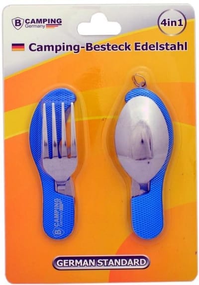 Reisbestek - 4-delige - Camping Bestek - Outdoor RVS Spork - Survival Mes / Vork / Lepel / Flesopener - Blauw