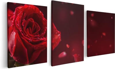 Artaza Canvas Schilderij Drieluik Romantische Rode Roos - 120x60 cm - Wanddecoratie Woonkamer - Schilderijen - Muurdecoratie