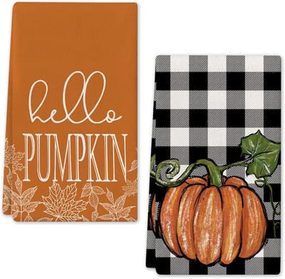 Famanu - Set van 2 herfst keukendoeken 43x66 cm, esdoornblad en pompoenmotief