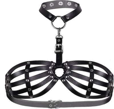 Nooitmeersaai - Harnas Vrouw - PU Leer - Bondage BH met Halsband - BDSM - Bondage Harnas - Borsten en Nek