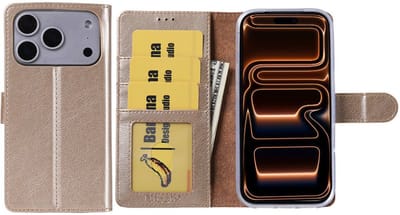 Hoesje Geschikt voor iPhone 17 Pro Max – Arara bookcase met pasjeshouder - Goud