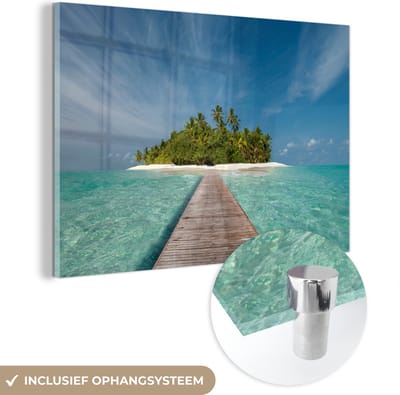MuchoWow® Glasschilderij 120x80 cm - Schilderij acrylglas - Zee - Pier - Eiland - Foto op glas - Muurdecoratie woonkamer - Wanddecoratie slaapkamer - Schilderijen