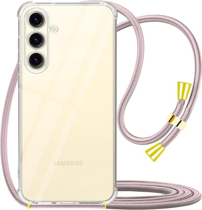 Hoesje met Koord geschikt voor Samsung A55 Transparant - Doorzichtig Roze Shockproof Koord hoesje geschikt voor Samsung A55 - Hoesje met touw - roze touw