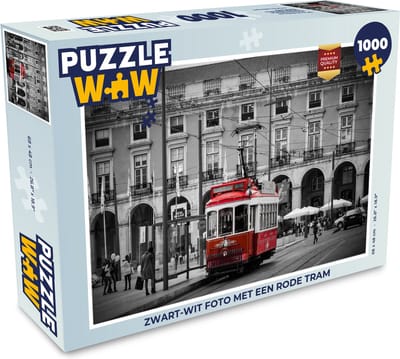 Puzzel Zwart-wit foto met een rode tram - Legpuzzel - Puzzel 1000 stukjes volwassenen