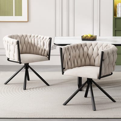 Intebiki Fluwelen eetkamerstoel - set van 2 - enkele lichte luxe draaistoel voor woonkamer of slaapkamer - vrijetijdsstoel met vier metalen steunpoten - beige