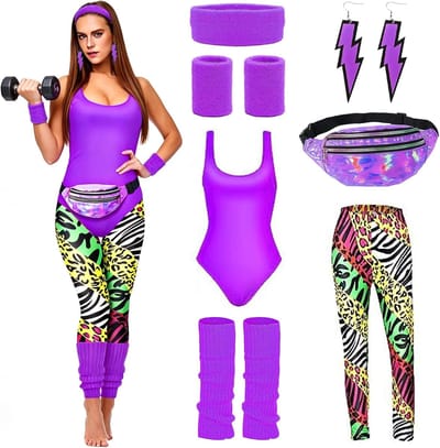 Vrouwelijk 80s Kostuum met Hoofdband, Polsband en Oorbellen voor Feest, Carnavals- en Halloweenkleding