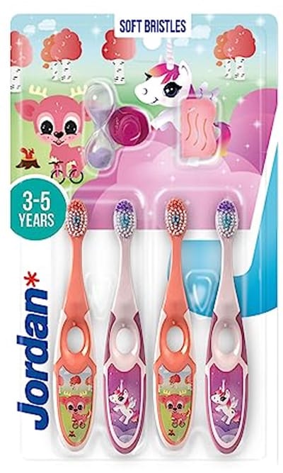 Zachte Kinder Tandenborstel voor 3 tot 5 Jaar - Ergonomisch en BPA-vrij, Dubbele Handgreep, Roze en Geel, Pack van 4
