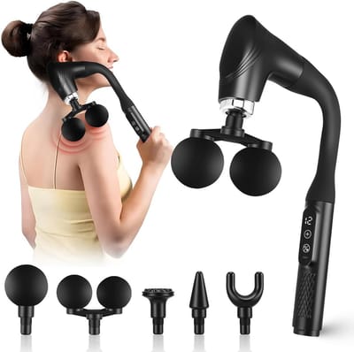 Dubbel Hoofd Massagepistool - Verlengde Handgreep - Spierherstel Bevorderen - 12 Snelheden LCD - 5 Opzetstukken - Zwart