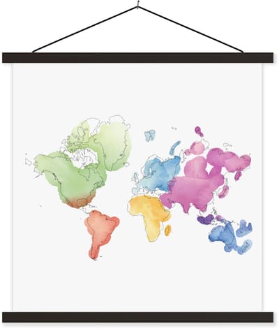 Posterhanger incl. Poster 120x120 cm - Schoolplaat - Moderne wereldkaart in waterverf - Textielposter - Zwarte latten