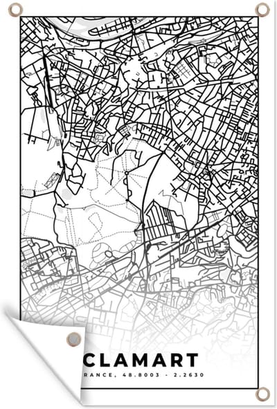 Muurdecoratie Frankrijk - Clamart - Plattegrond - Stadskaart - Kaart - Zwart wit - 120x180 cm - Tuinposter - Tuindoek