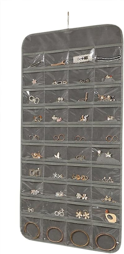 Famanu – Sieradenopbergrol met hangers, hangende organizer voor kaptafel of kledingkast, overzichtelijk en compact, grijs