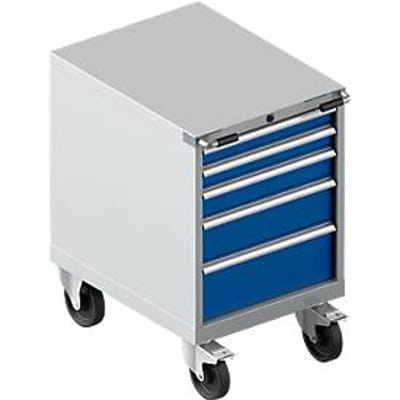 Schäfer Shop Select Gereedschapskast verrijdbaar WSK 36-27, 5 laden, H 920 mm, enkele vergrendeling, staal, 75 kg draagvermogen, wit aluminium/enziumblauw, met een lengte van 5 mm.