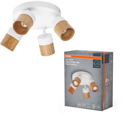 OSRAM LED Spot Half Wood Line Plaat Plafondspot 4x GU10, Wit/Hout decor, Montageplaat 233mm, Staal/Rubberhout