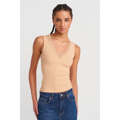 Mouwloze Kanten Geribde V-hals Blouse