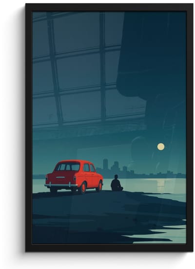 Poster in lijst - Fotolijst 40x60 cm - Posters - Auto - Volle maan - Uitkijkend over water - Posterlijst zwart - Decoratie - Wanddecoratie woonkamer - Muurdecoratie slaapkamer