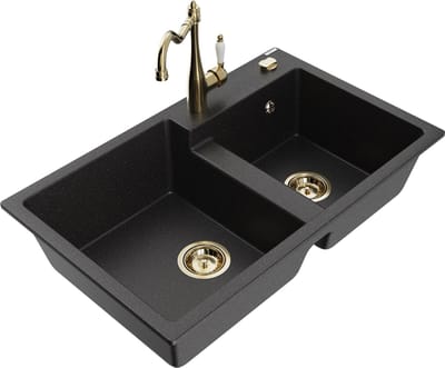Mexen Tomas granieten gootsteen 2-kamer met keukenmengkraan Carla, zwart/zilver metallic - 6516-73-670700-50