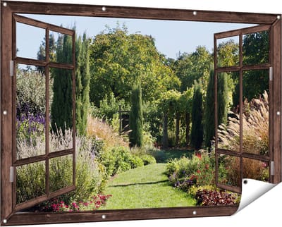 Gards Tuinposter Doorkijk Tuin - 150x100 cm - Tuindoek - Tuindecoratie - Wanddecoratie buiten - Tuinschilderij