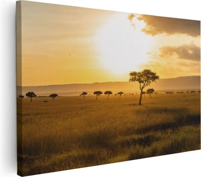 Artaza Canvas Schilderij Zonsondergang Afrika - 30x20 cm - Klein - Wanddecoratie Savanne - Muurdecoratie Boom - Kamer Accessoires Natuur